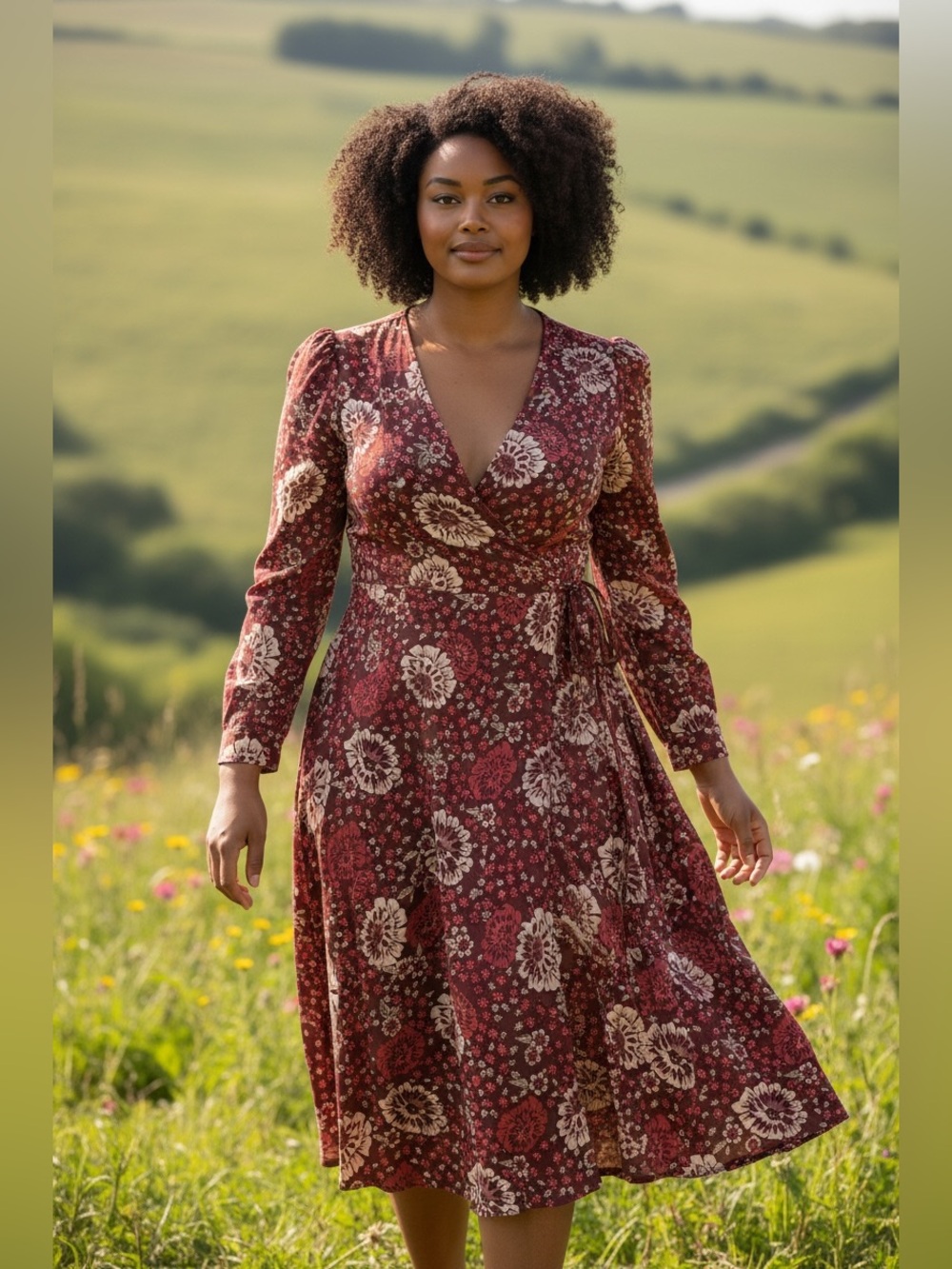 Joe Fresh long-sleeve midi wrap dress red/burgundy floral-Size 22 NWT